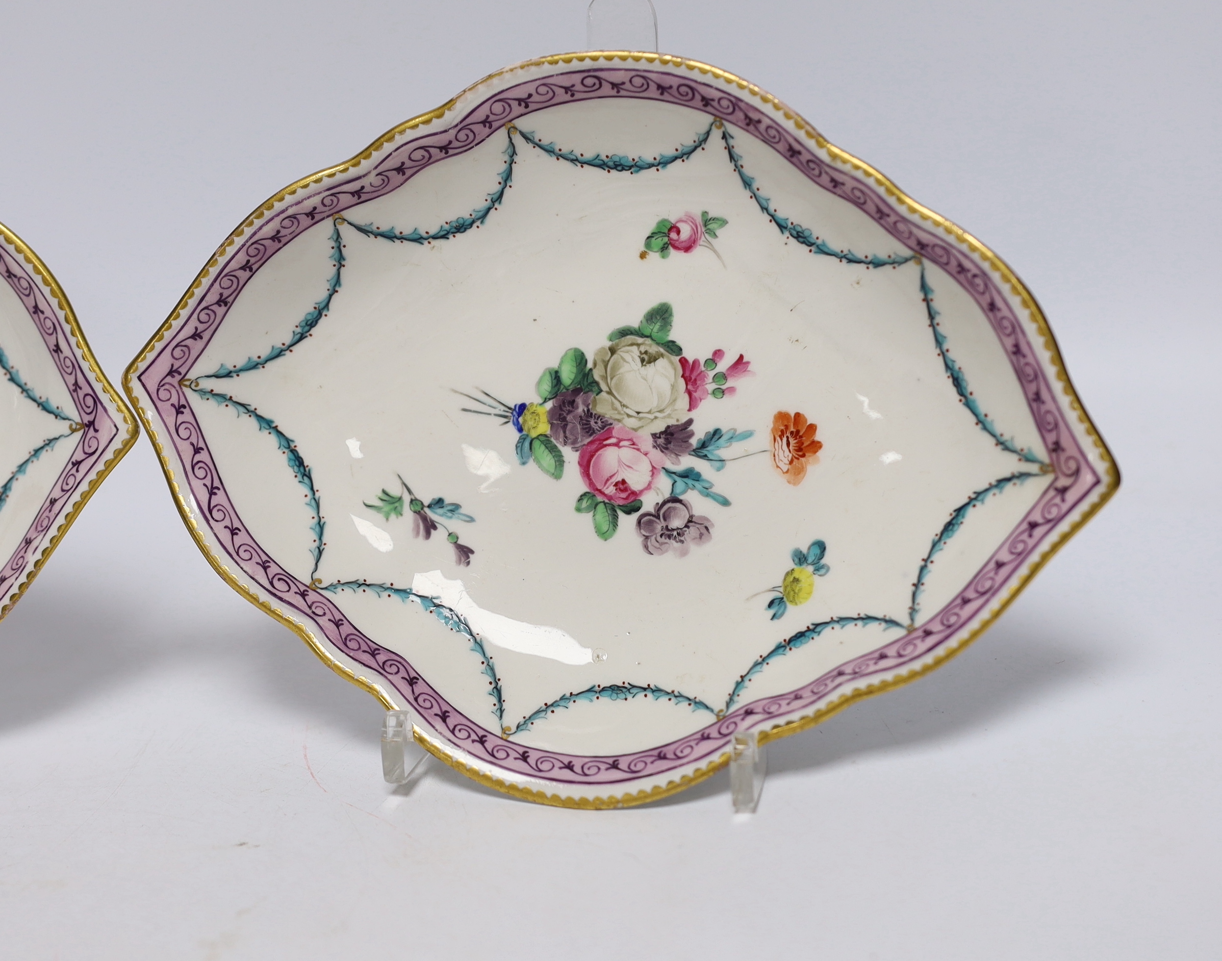 A pair of Derby flower painted dessert dishes, c.1780-5, attributed to William Billingsley 22.5cm wide